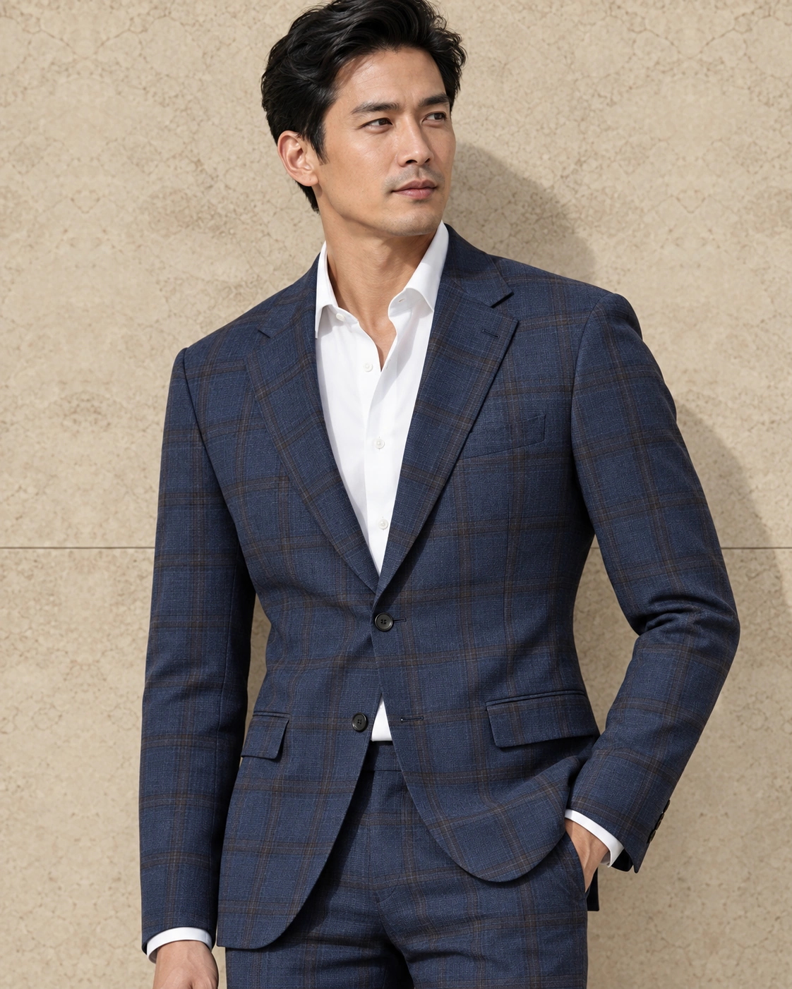 A model against a sunlit stone wall in a soft-shouldered slate blue check two-piece suit, worn open-necked over a white shirt