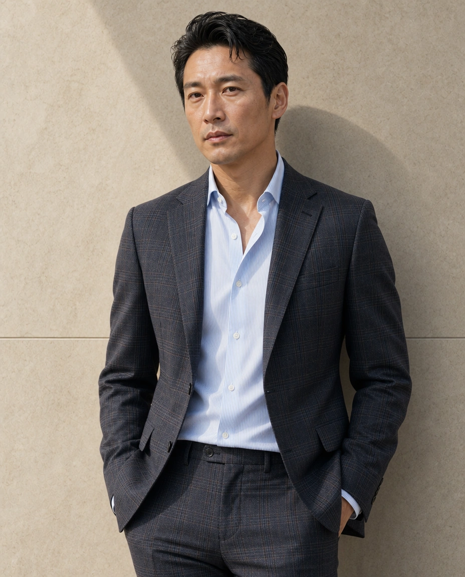 A model against a sunlit stone wall in a soft-shouldered dark brown glen check two-piece suit, worn open-necked over a pale blue shirt