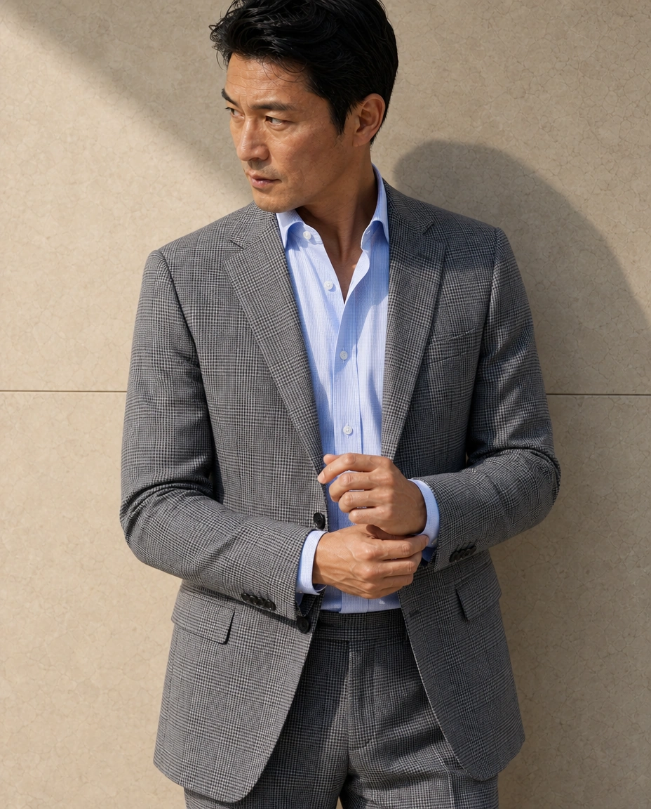 A model against a sunlit stone wall in a soft-shouldered grey glen check two-piece suit, worn open-necked over a pale blue shirt
