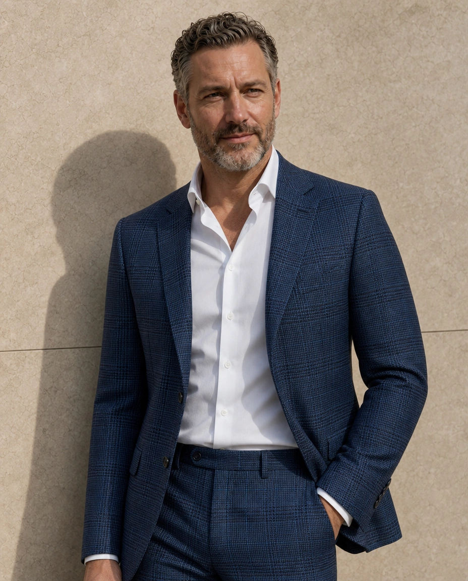 A model against a sunlit stone wall in a soft-shouldered blue checked two-piece suit, worn open-necked over a white shirt