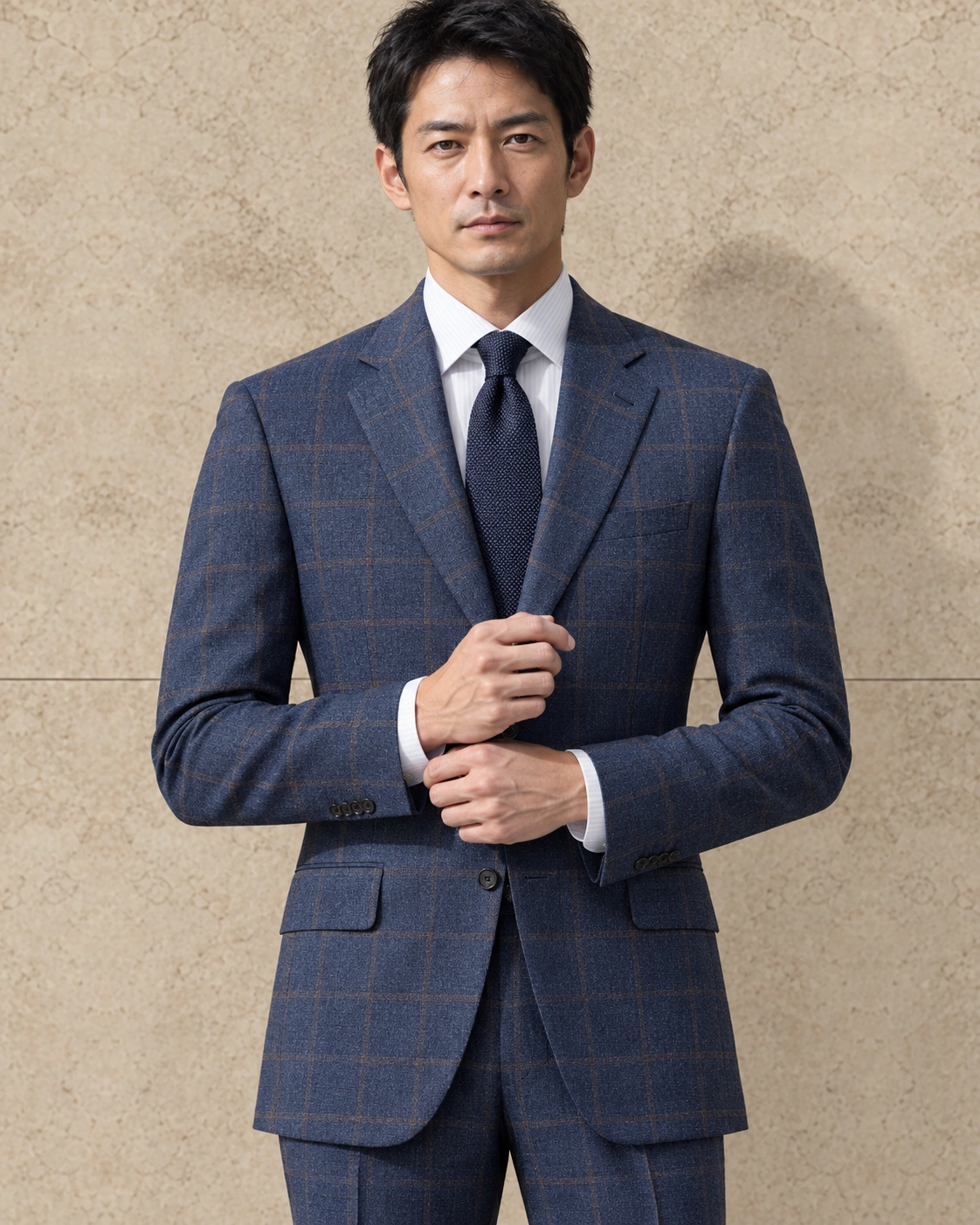 A model against a sunlit stone wall in a blue windowpane two-piece suit, a white striped shirt and a navy knitted tie