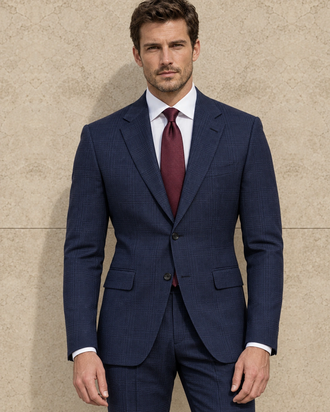A model against a sunlit stone wall in a navy glen check two-piece suit, a white shirt and a burgundy knitted tie