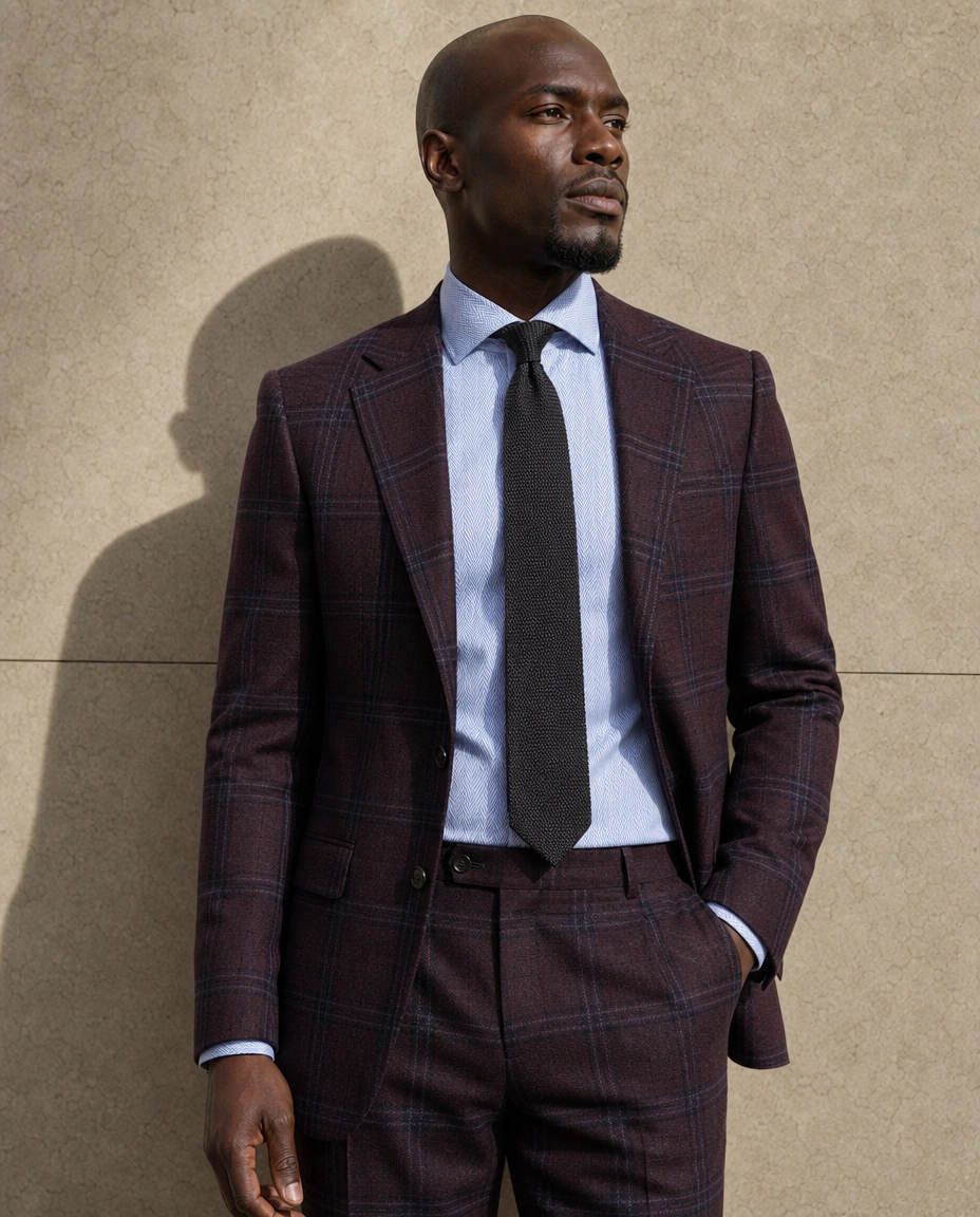 A model against a sunlit stone wall in a soft-shouldered burgundy checked two-piece suit, a white shirt and a dark tie