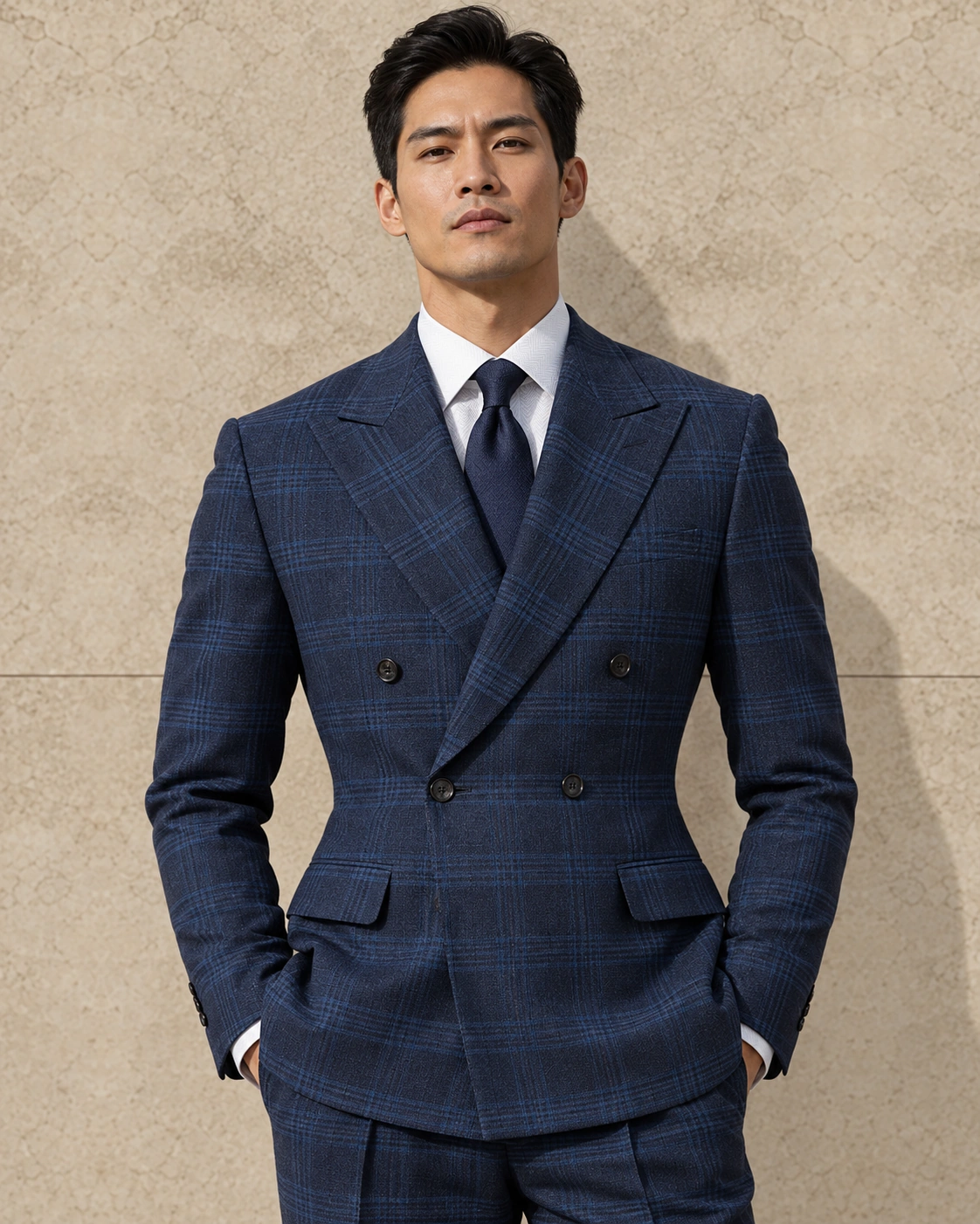A model against a sunlit stone wall in a deep blue checked double-breasted two-piece suit, a white shirt and a navy tie