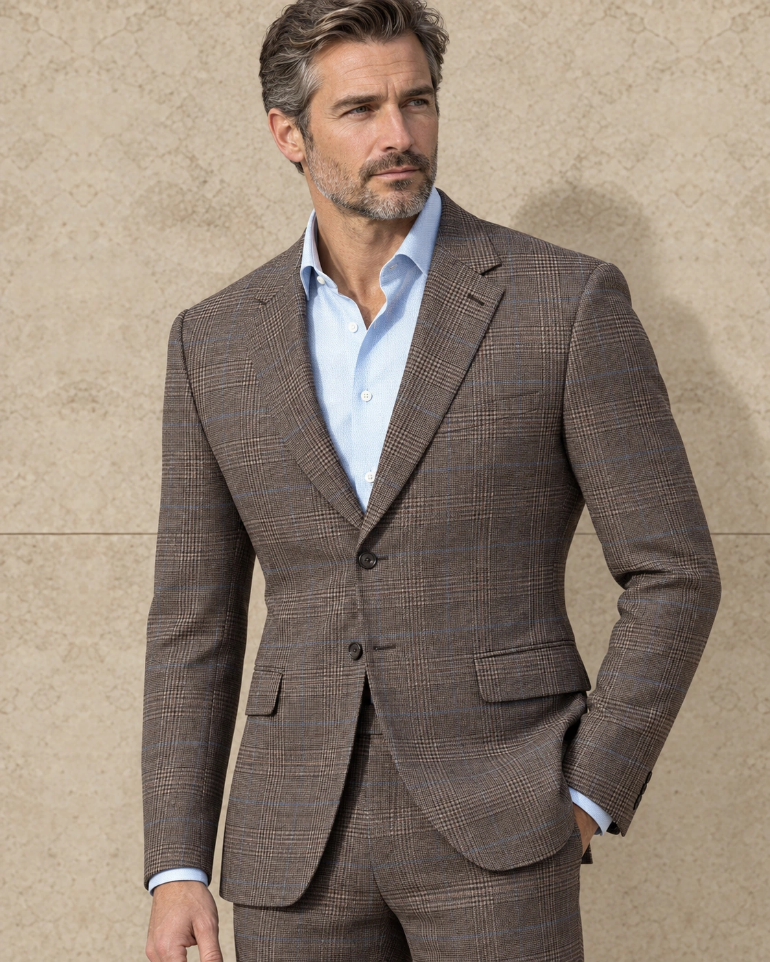 A model against a sunlit stone wall in a soft-shouldered light taupe glen check two-piece suit, worn open-necked over a pale blue shirt